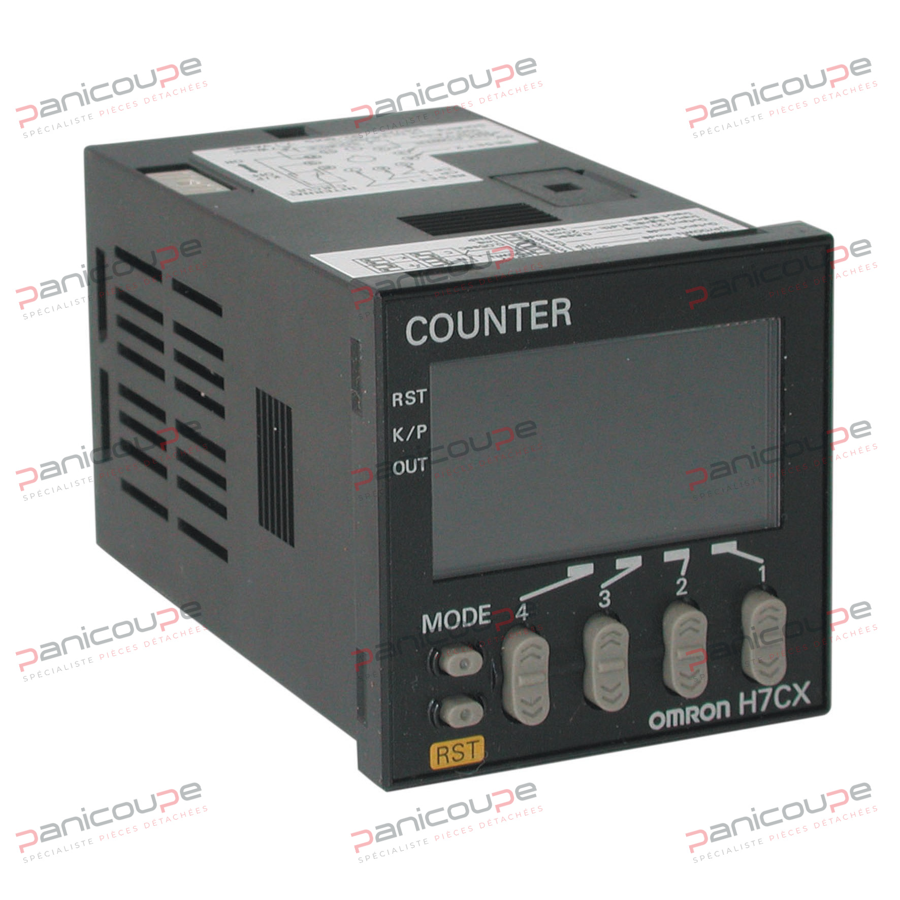 Model often mounted on weighing machines. LCD display. Changeover contact 3 A/250 VAC. Connection via offset socket (11 pins). Dimensions 48 x 48 mm front panel. Power supply 100 to 240 VAC.<BR/><BR/>H7CX-A114230: H7CX-A114 Counter - 100 to 240 V ELECTRONIC METER H7CX-A114 product photo