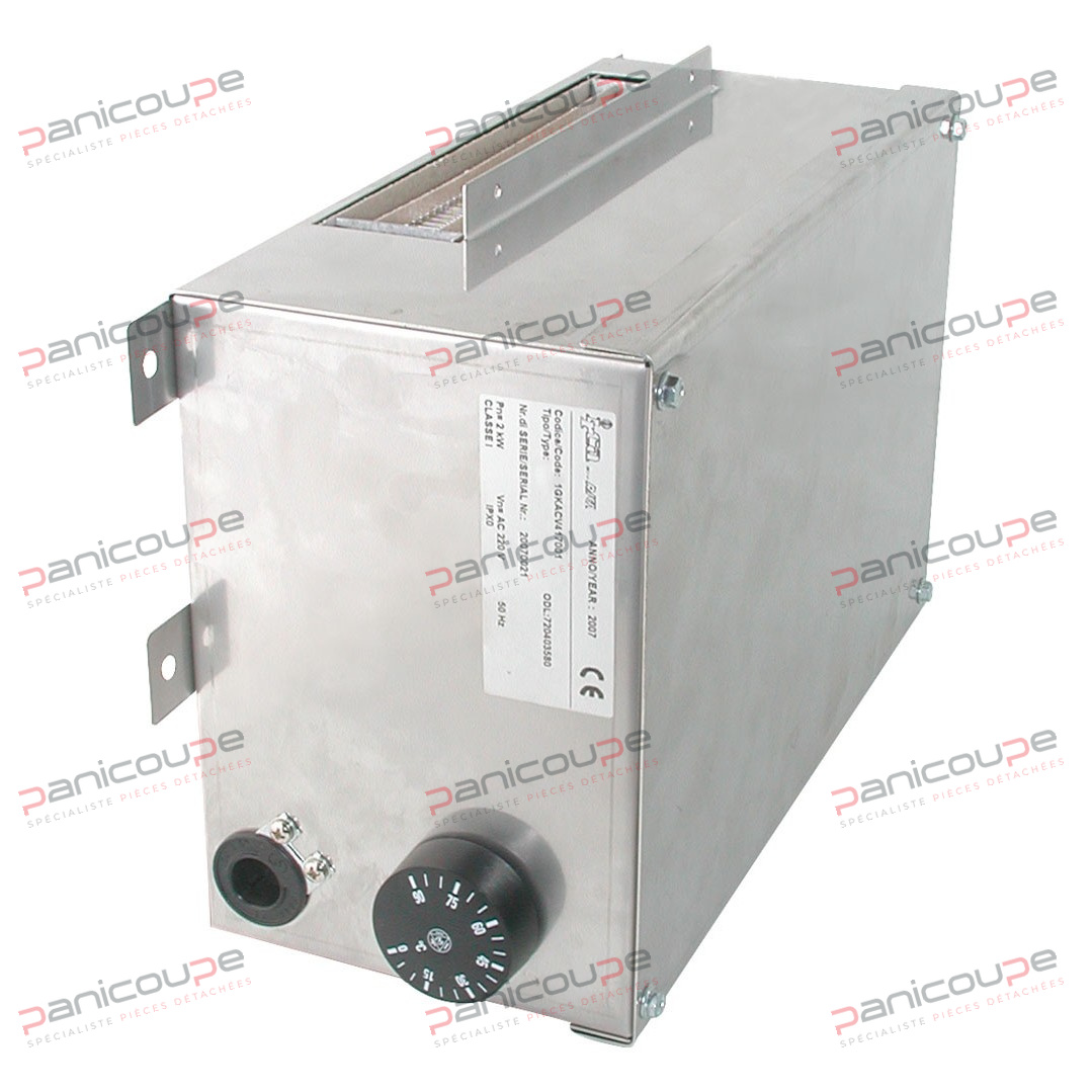 Made of 304 stainless steel, this kit allows you to quickly convert a standard cabinet into a heated cabinet, repair a drying oven, or add temperature control and ventilation to a static cabinet. Fully pre-assembled, the kit is ready to install; all that's needed is to connect the power supply. Thermostat control (0-90°C)<BR/><BR/>Integrated tangential fan with a 2000W heating element.<BR/><BR/>High-temperature wiring. Front-entry connector.<BR/><BR/>Dimensions: 290 x 190 x 130 mm<BR/><BR/>Voltage: 230V<BR/><BR/>Power: 2000 Watts VENTILATED HEATING KIT 2000 W product photo
