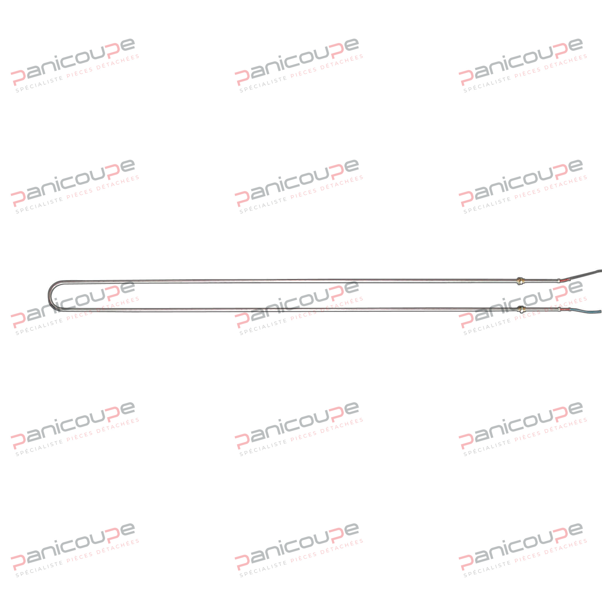 230V - 10.2mm diameter stainless steel tube. U-shaped connector with M16 x 150 brass end caps. Connections made with 1m long high-temperature cables and 30mm reinforcements. PANICOUPE heating element compatible with Bongard* electric rotary ovens.<BR/>Power 3000W RESISTANCE FOR ROTARY KILN product photo