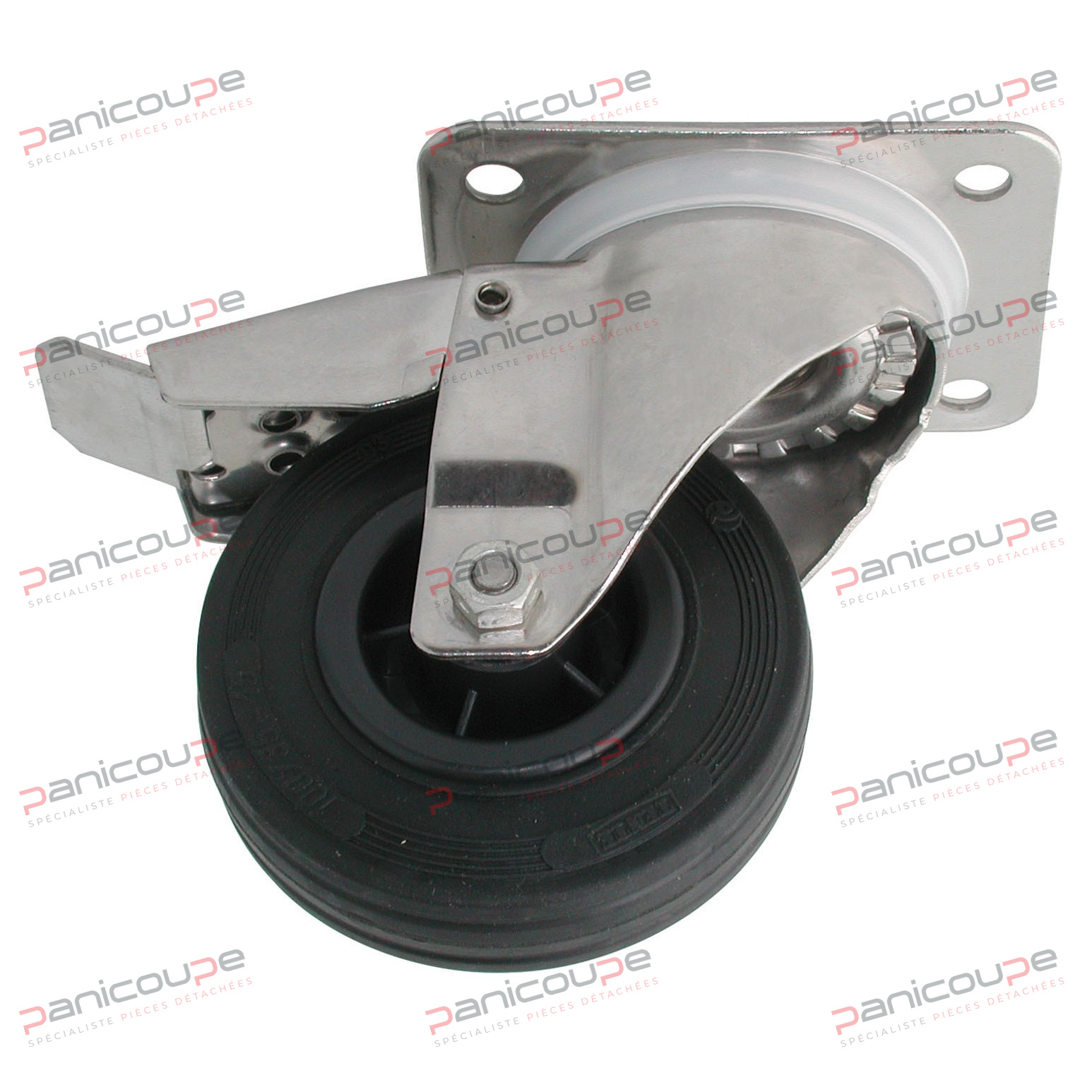 ROULETTE CAOUTCHOUC PIVOTANTE FREIN CHAPE INOX product photo