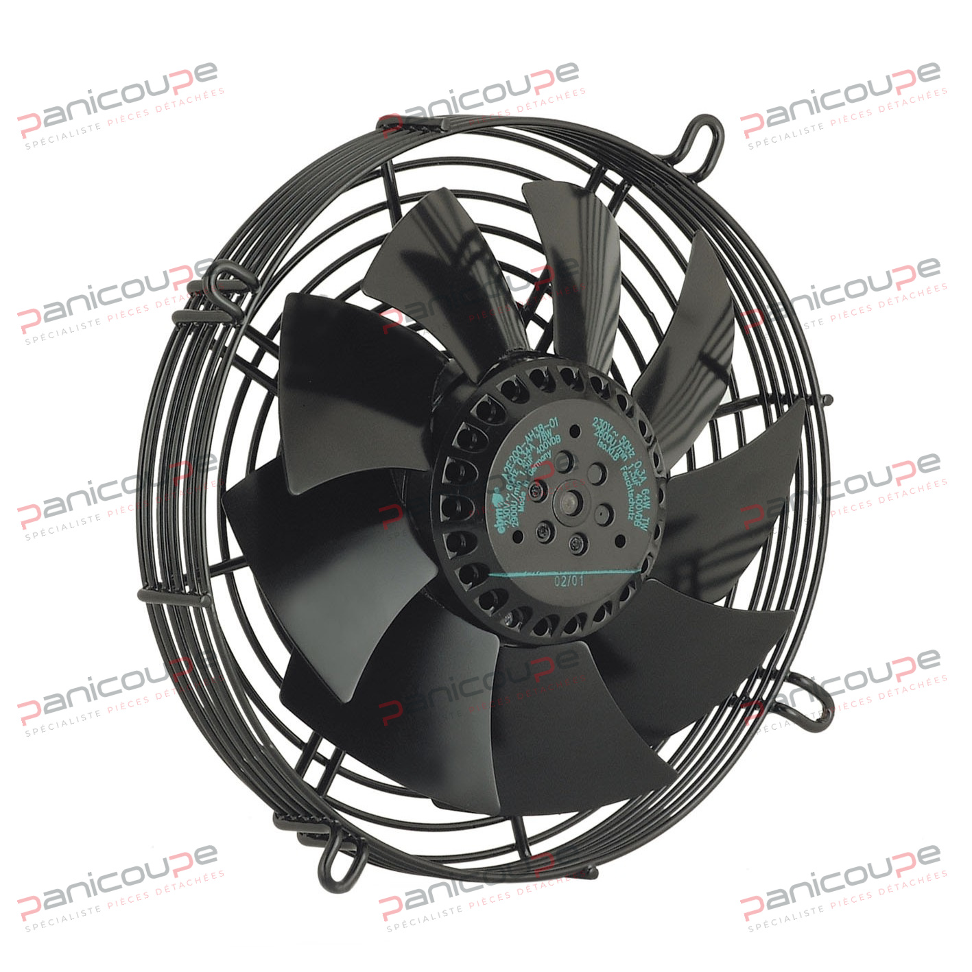 Propeller diameter (mm): 200 - Number of blades: 9 - Voltage (V): 230 - Power (W): 64 - T: - Flow rate (m³/h): 915 - Speed (RPM): 2600 - Outlet type: 450 mm wires - 4-point mounting diameter (mm): 260 - Capacitor: 1.5 µF (required)<BR/><BR/>Airflow direction: V (from the motor to the grille) HELICOID FANS MOTOR TO GRILLE Ø 200 product photo