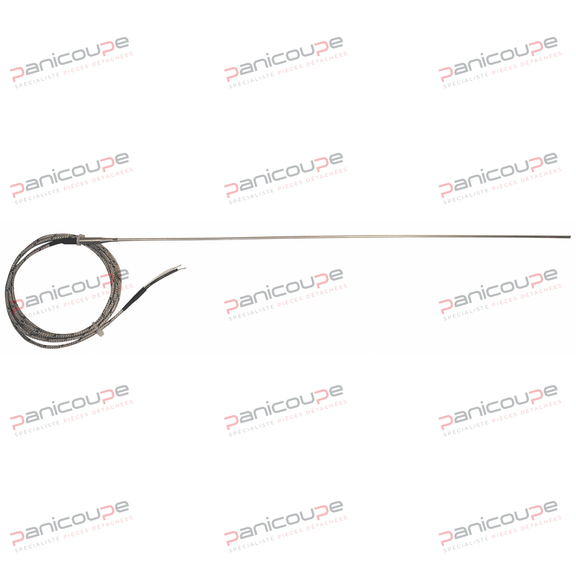 Insulated fiberglass cable with stainless steel braid for the 1.5 m model and fiberglass for the 5 m model. Insulated hot solder joint. 3 mm diameter, flexible stainless steel sheathed bulb, 450 mm long. Non-removable 6 mm diameter junction. PANICOUPE probe adaptable to Pavailler ovens*<BR/>Cable length: 1.5 m THERMOCOUPLE PROBE - TYPE J product photo