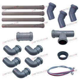 1 flexible supply hose, 13 3/4'' female thread, 2500 mm long<BR/><BR/>4 socket pipes, 50 mm diameter, 500 mm long<BR/><BR/>3 45° elbows with gasket, 50 mm diameter<BR/><BR/>1 sliding sleeve, 50 mm diameter<BR/><BR/>1 T-fitting, 50 mm diameter<BR/><BR/>1 gasket for drain kit, 50 mm diameter<BR/><BR/>5 90° elbows, 50 mm diameter KIT EVACUATION HT DIAMETRE 50 2 MT product photo