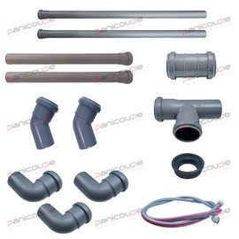 1 flexible supply hose, 13 3/4'' female thread, 2500 mm long<BR/><BR/>2 high-temperature (HT) drain pipes, 50 mm diameter, 1000 mm long<BR/><BR/>2 high-temperature (HT) socket pipes, 50 mm diameter, 500 mm long<BR/><BR/>2 high-temperature (HT) 45° elbows with 50 mm diameter fittings<BR/><BR/>1 high-temperature (HT) sliding sleeve, 50 mm diameter<BR/><BR/>1 high-temperature (HT) T-fitting, 50 mm diameter<BR/><BR/>1 high-temperature (HT) drain kit gasket, 50 mm diameter<BR/><BR/>3 high-temperature (HT) 90° elbows, 50 mm diameter KIT EVACUATION HT DIAMETRE 50 3 MT product photo