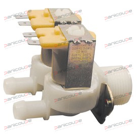 Suitable for use with hot and cold water (max. 90°C). Connection Ø 20 x 27. Outlets Ø 10 mm. 24 Vac/dc STRAIGHT 180° 2-WAY PLASTIC BODY SOLENOID VALVE product photo